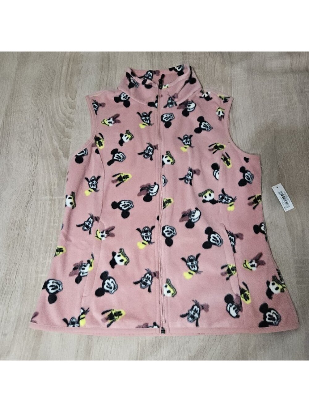 Disney Womens Size L Pink Full Zip Fleece Vest Pluto Mickey Daisy Goofy Donald